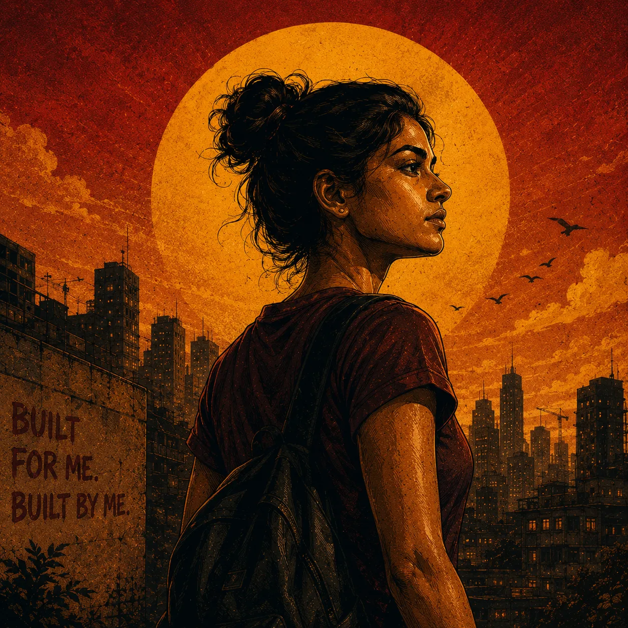 Strong Indian woman with city skyline at golden hour